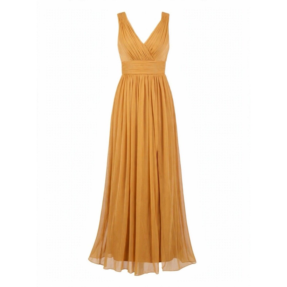 David's Bridal 2 Gold Mustard Chiffon Gown Long Bridesmaid Formal